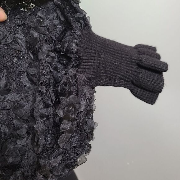 LUSH Size Small Black Knit Sweater Mini Dress 3D Floral Sheer Balloon Sleeve NWT - Picture 8 of 14